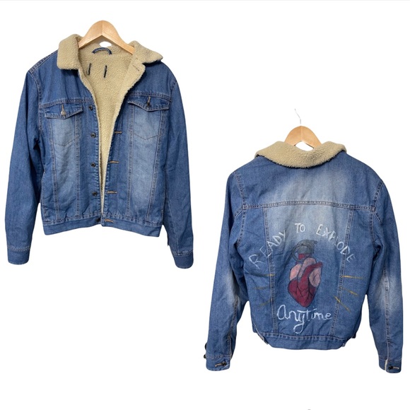 Primark Jackets & Blazers - Primark custom painted denim sherpa jacket